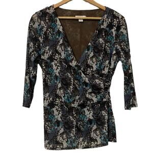 Coldwater Creek Faux Wrap Cream Teal Brown Pullover Blouse NEW Size Medium